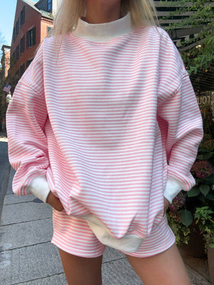 Light Pink and White Big Striped Mockneck Sweatshirt: Pink/White Big Stripes