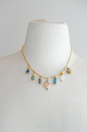 Colorful Beaded Charm Necklace: Jewel Tone