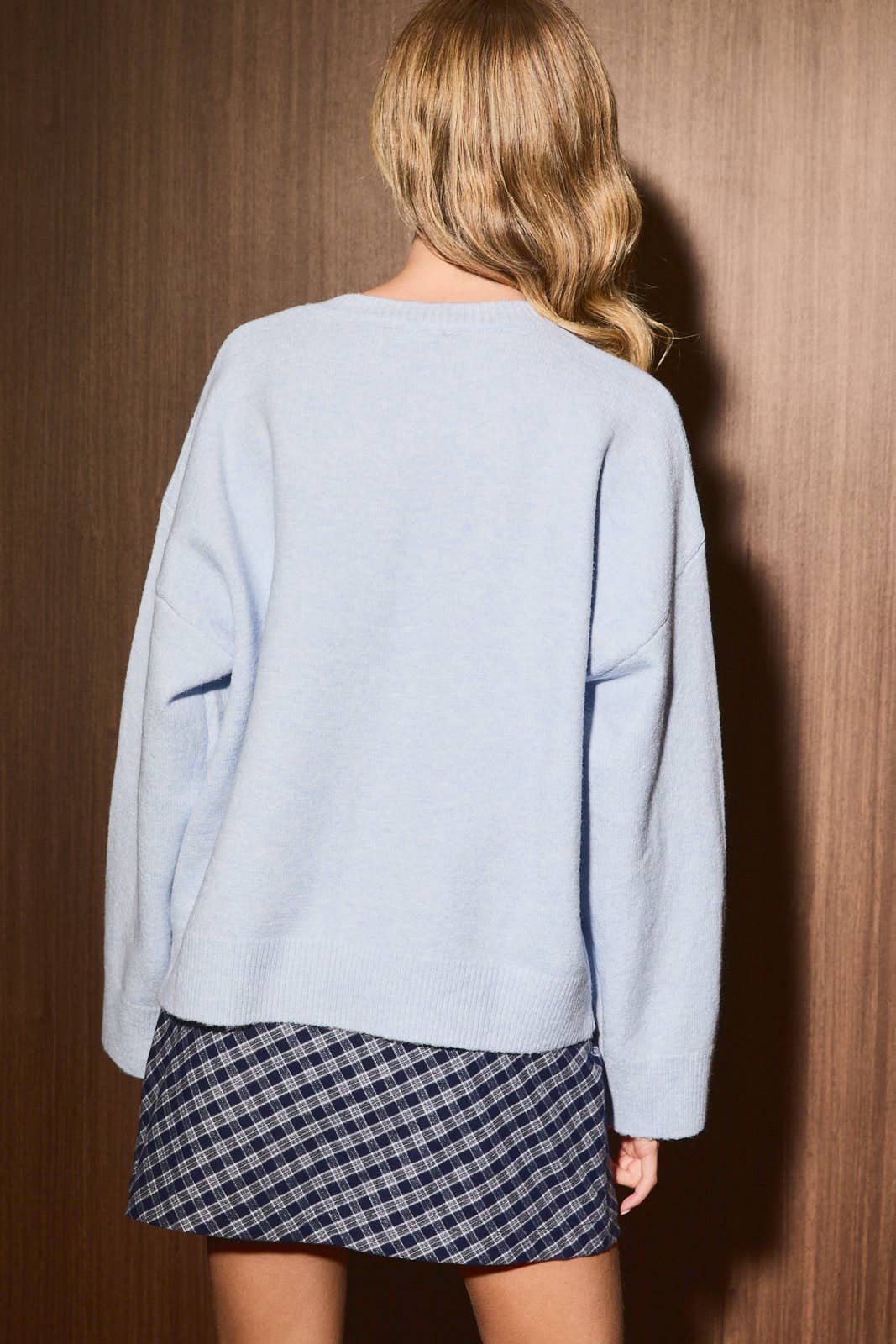 Christmas Tree Ribbon Bow Button Knit Cardigan: LT BLUE / S