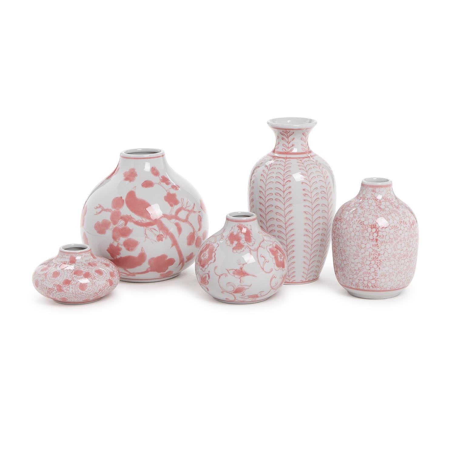 Pink Chinoiserie Set of 5 Hand-Painted Vase
