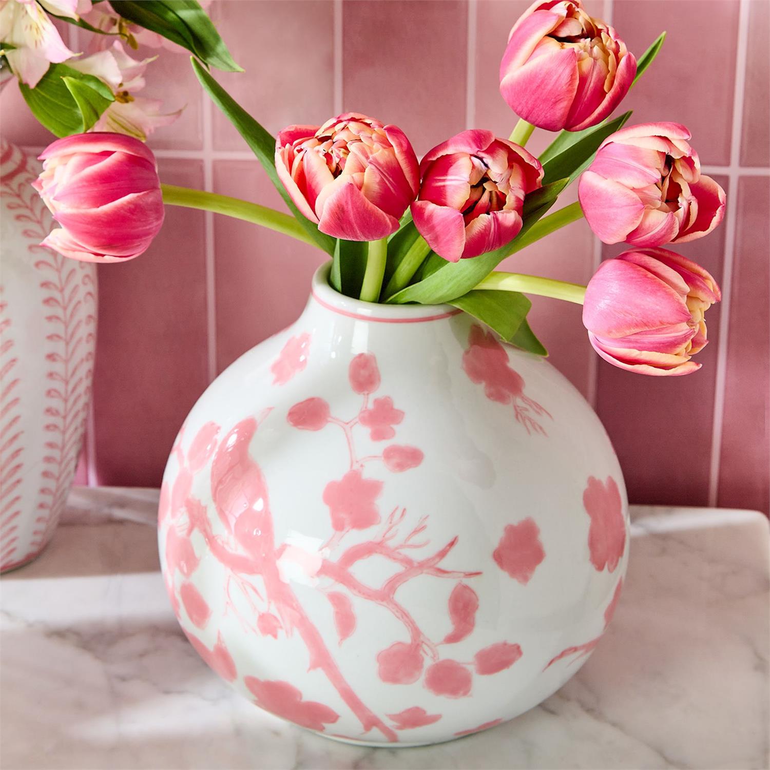 Pink Chinoiserie Set of 5 Hand-Painted Vase
