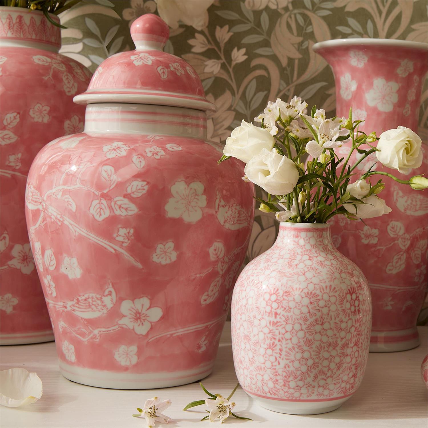 Pink Chinoiserie Set of 5 Hand-Painted Vase