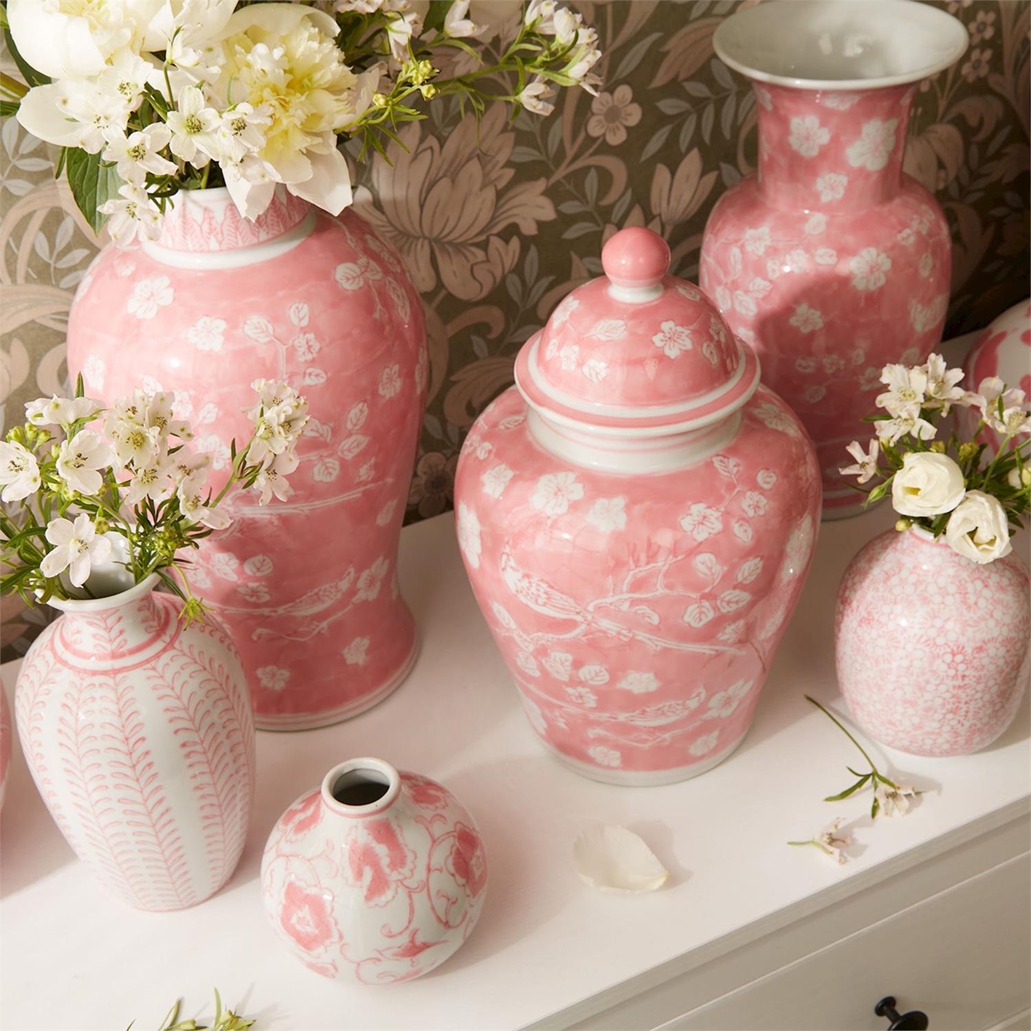 Pink Chinoiserie Set of 5 Hand-Painted Vase
