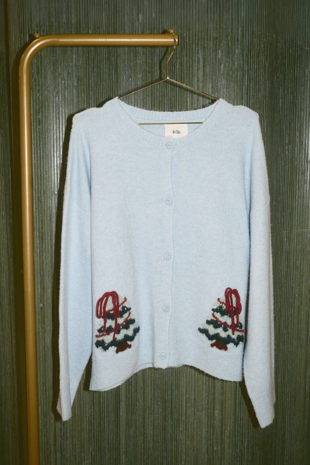 Christmas Tree Ribbon Bow Button Knit Cardigan: LT PINK / M