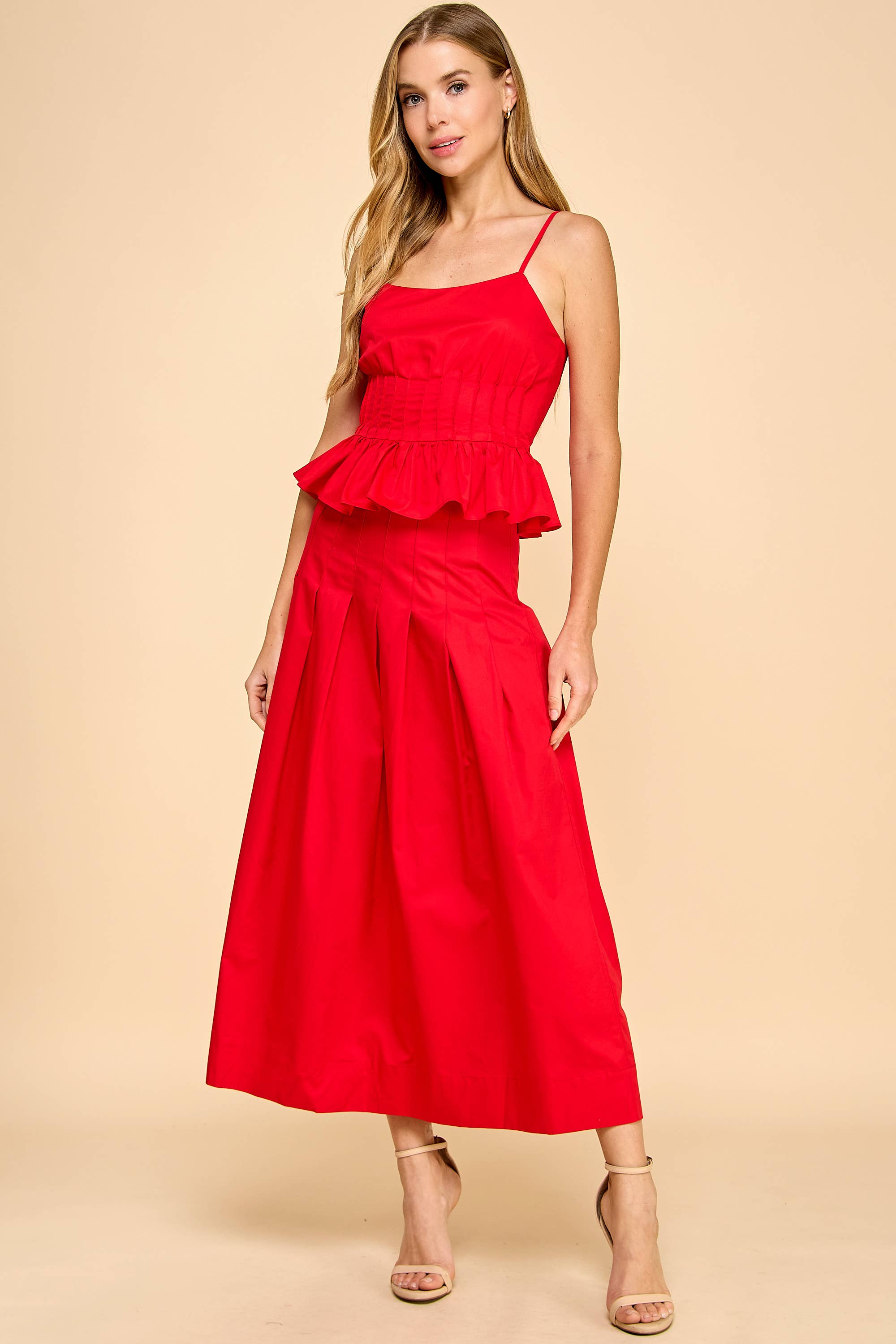 CS3801-Pleated Detail Wide Waistband Midi Skirt: Red / M