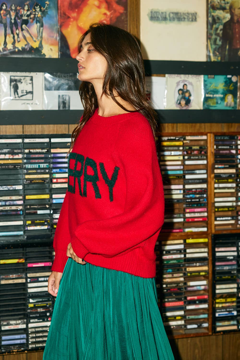 IT2389-MERRY | Bouclé-Lettered "MERRY" Slouchy Knit Sweater: RED/PINK / S