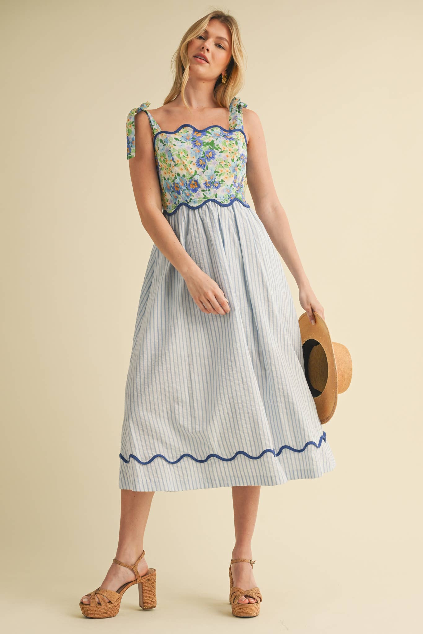 SCALLOPED MIXED PRINT MIDI DRESS