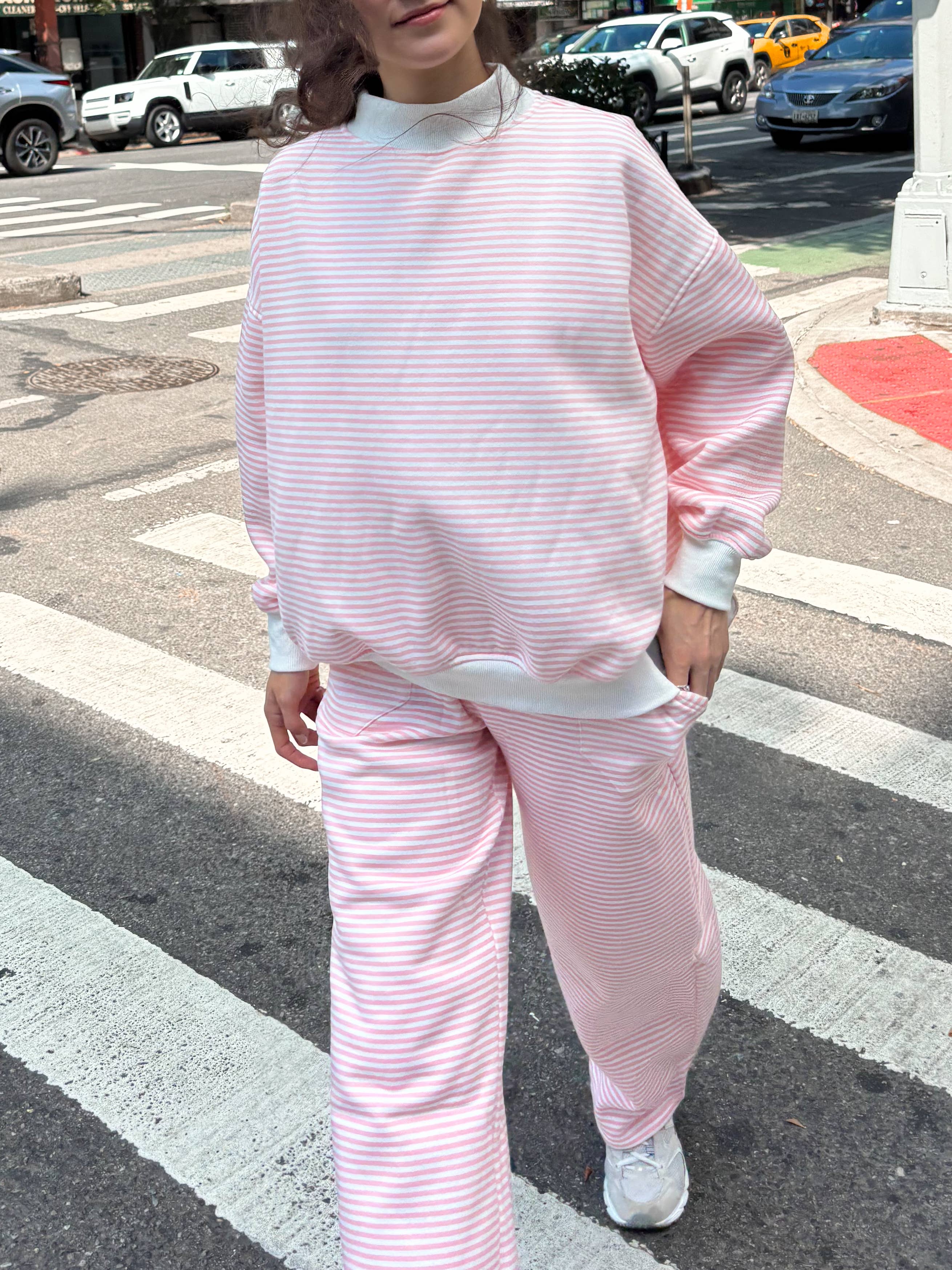 Light Pink and White Big Striped Mockneck Sweatshirt: Pink/White Big Stripes
