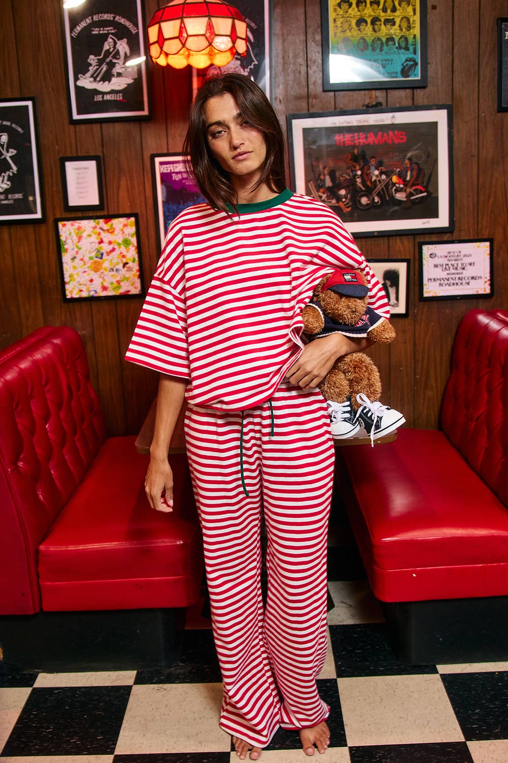 IP60012C | Contrast Drawstring Wide Leg Striped Lounge Pants: RED/WHITE / L