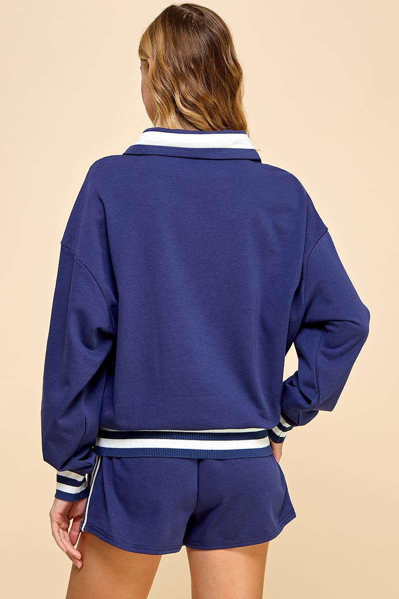 CT8927-Striped Detail Quarter Zip Sweater: NAVY / M