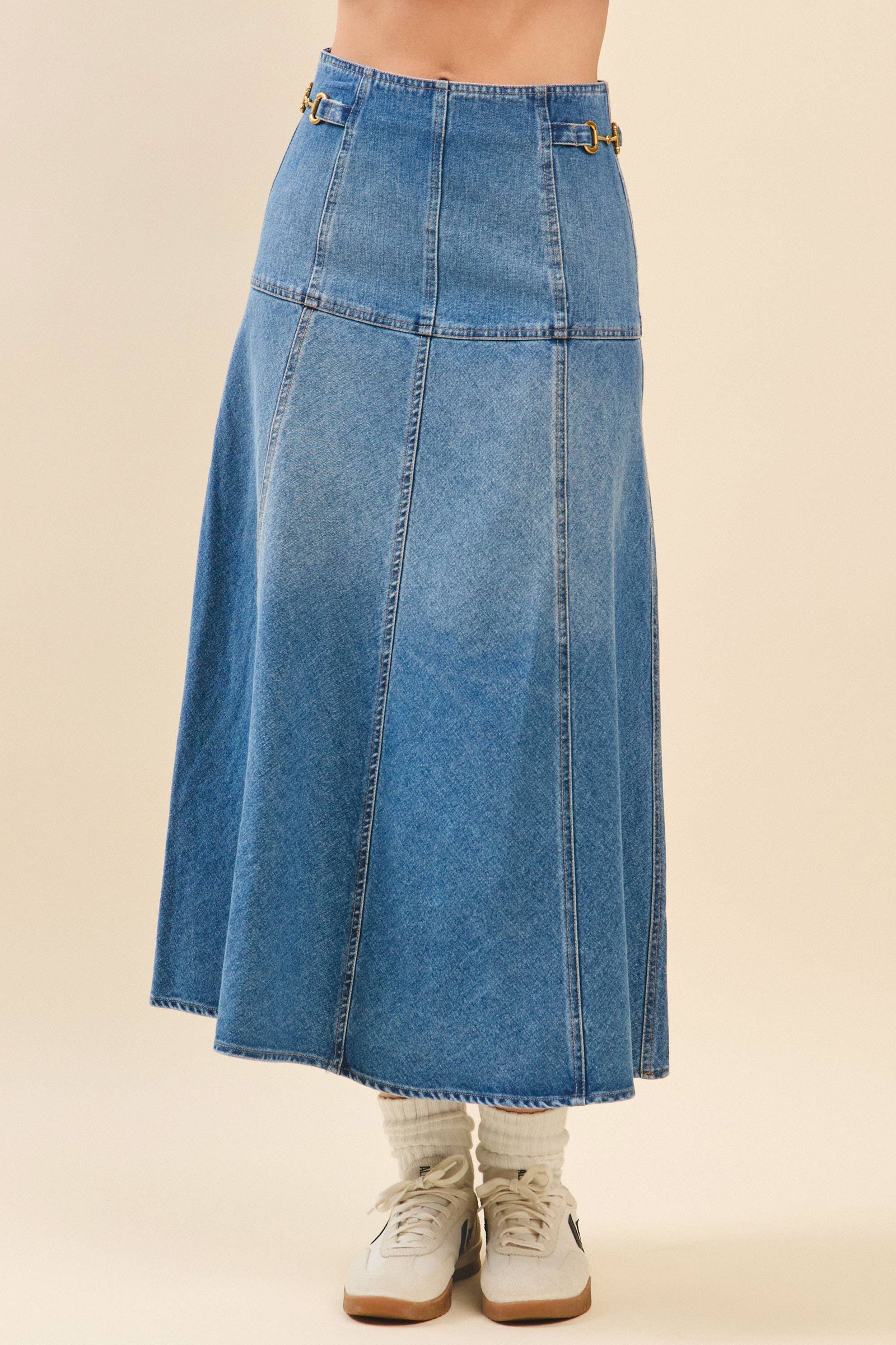 CS3812-High Waisted Paneled A Line Denim Midi Skirt: DENIM BLUE