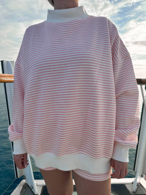 Light Pink and White Big Striped Mockneck Sweatshirt: Pink/White Big Stripes