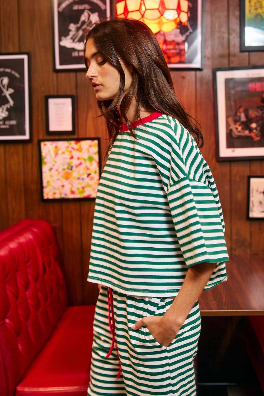 IT3087A | Striped Oversized Boxy Tee With Contrast Neck Band: GREEN/IVORY / M
