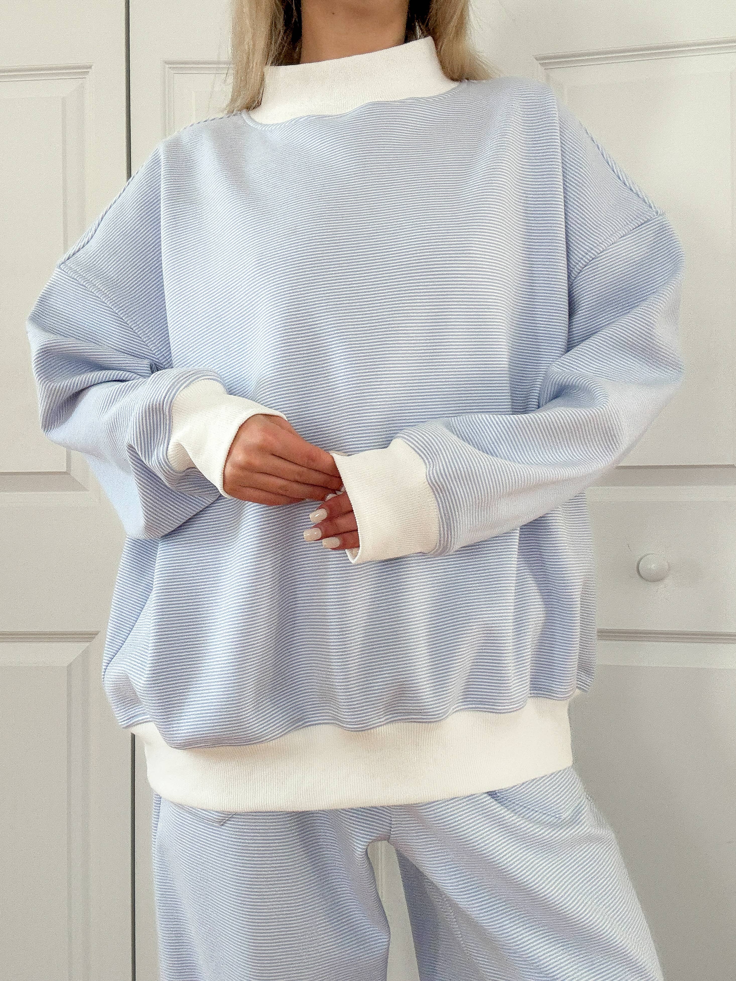 Blue and White Mini Striped Mockneck Sweatshirt: Blue/White Mini Stripes