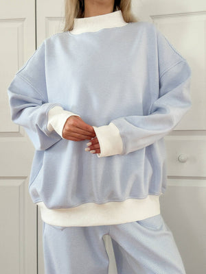 Blue and White Mini Striped Mockneck Sweatshirt: Blue/White Mini Stripes