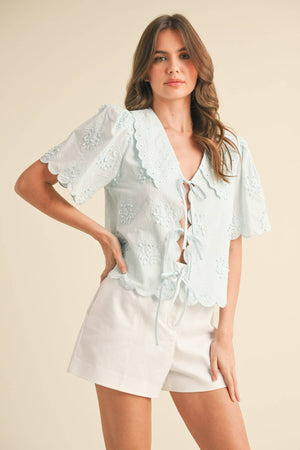 TIE FRONT COLLARED LACE TOP