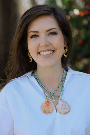 Turquoise Beaded Necklace + Coral Seashell Pendant