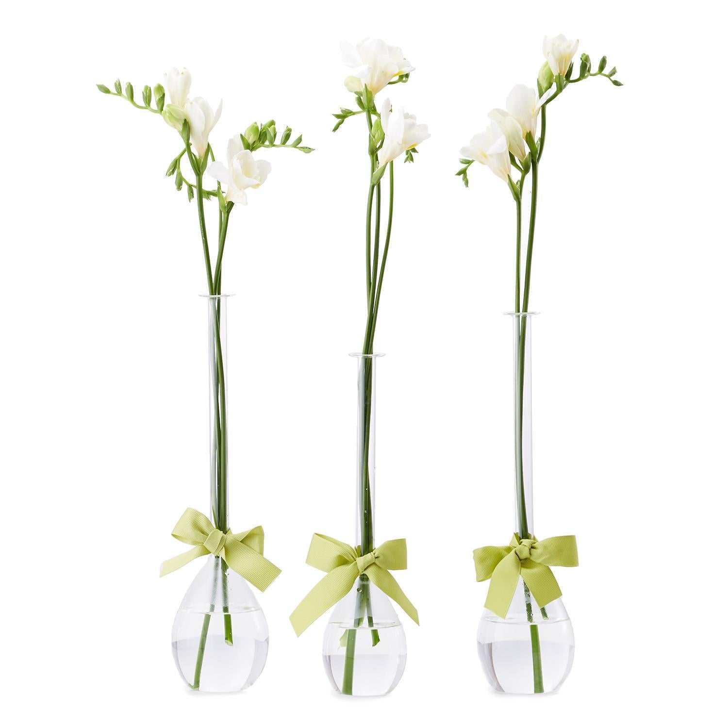 Sleek And Chic Set of 3 Teardrop Vase with Sage Green Ribbon Includes 3 Sizes - Hand-Blown Glass