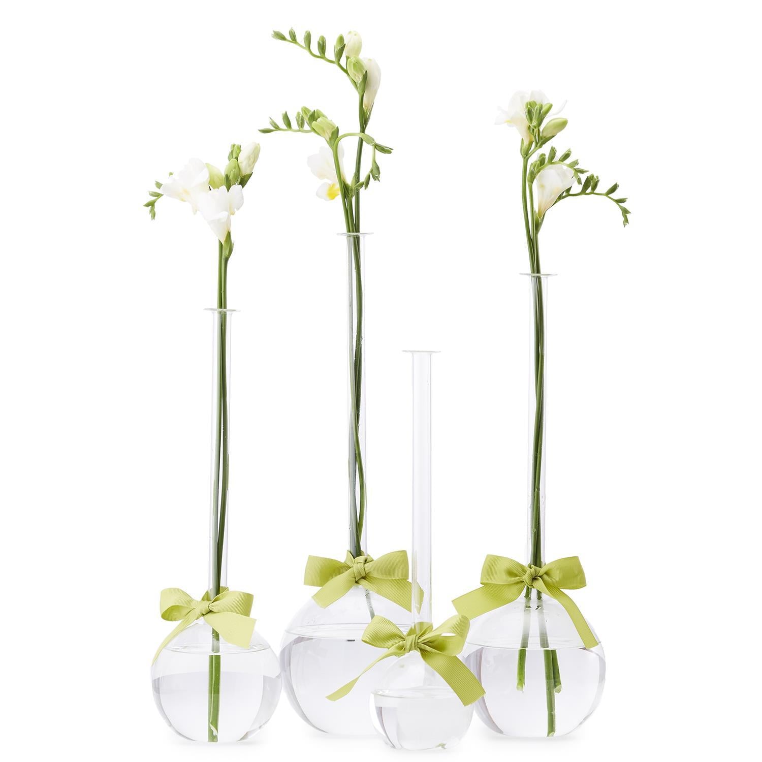 Sleek And Chic Set of 4 Bubble Vase with Sage Green Ribbon Includes 4 Sizes - Hand-Blown Glass