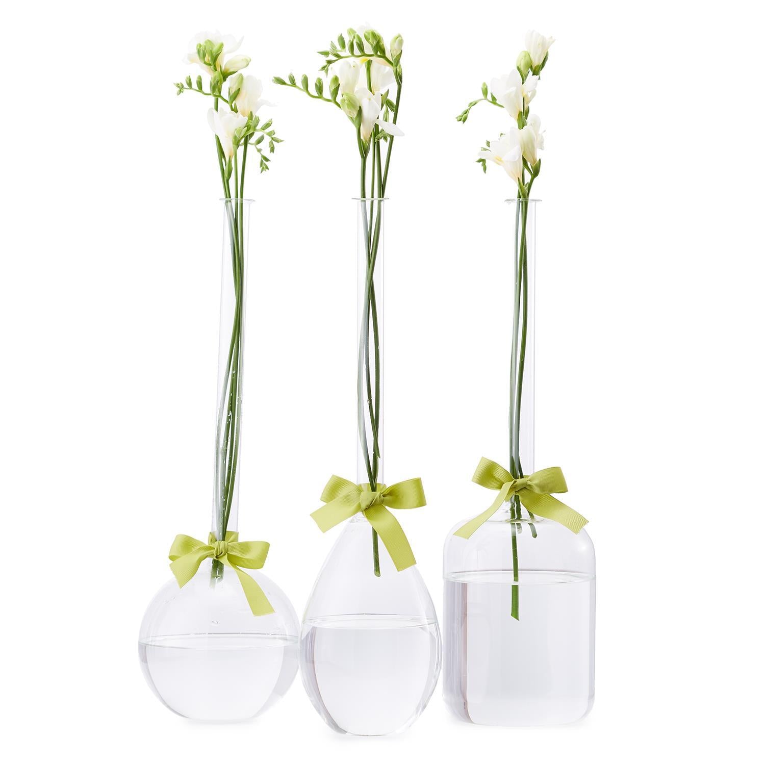 Sleek And Chic Vase Trio with Sage Green Ribbon Includes 3 Shapes: Tear Drop, Round, Jug - Hand-Blown Glass