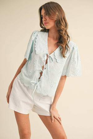 TIE FRONT COLLARED LACE TOP