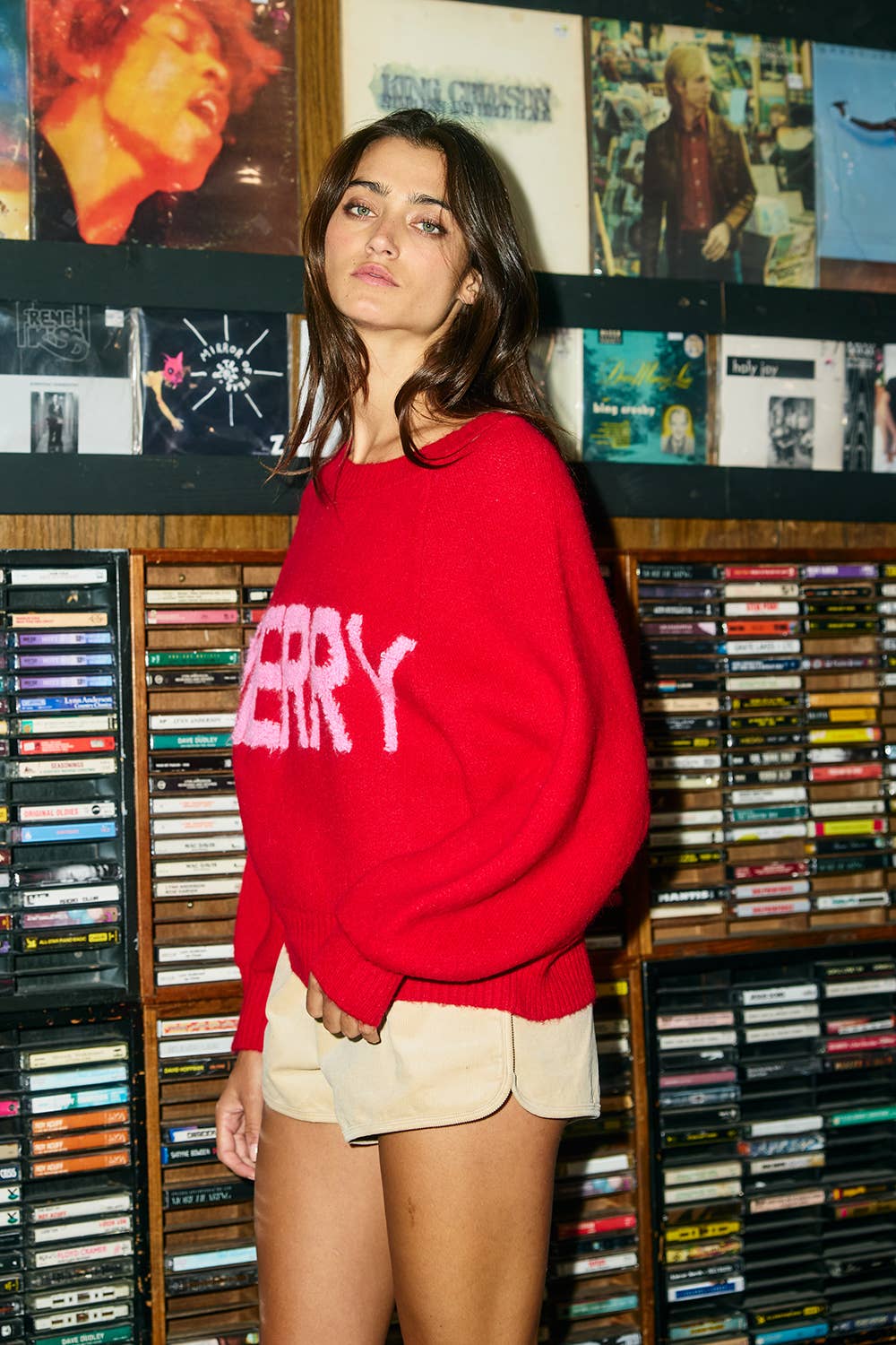 IT2389-MERRY | Bouclé-Lettered "MERRY" Slouchy Knit Sweater: RED/PINK / L