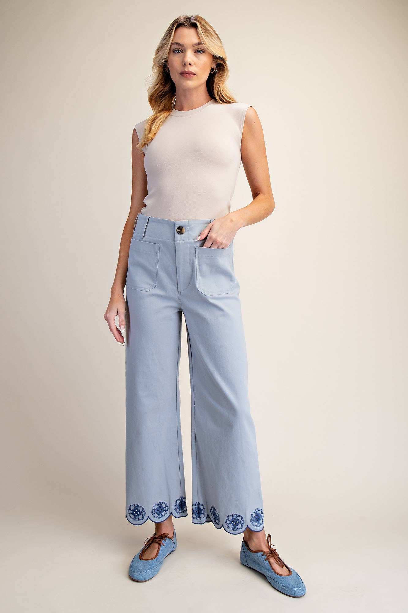 Colette Scallop-Hem Wide-Leg Pants: Blue