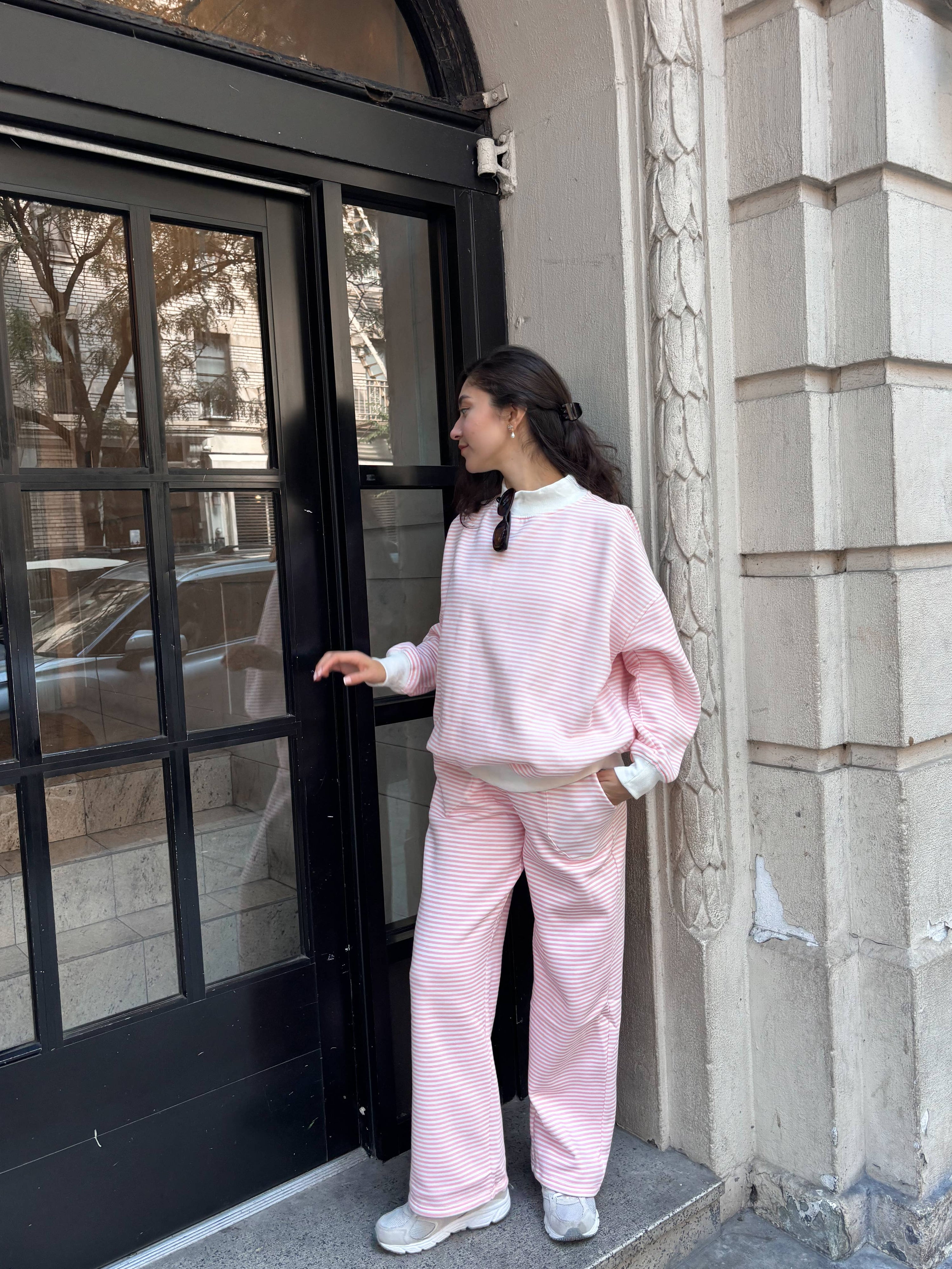 Light Pink and White Big Striped Mockneck Sweatshirt: Pink/White Big Stripes