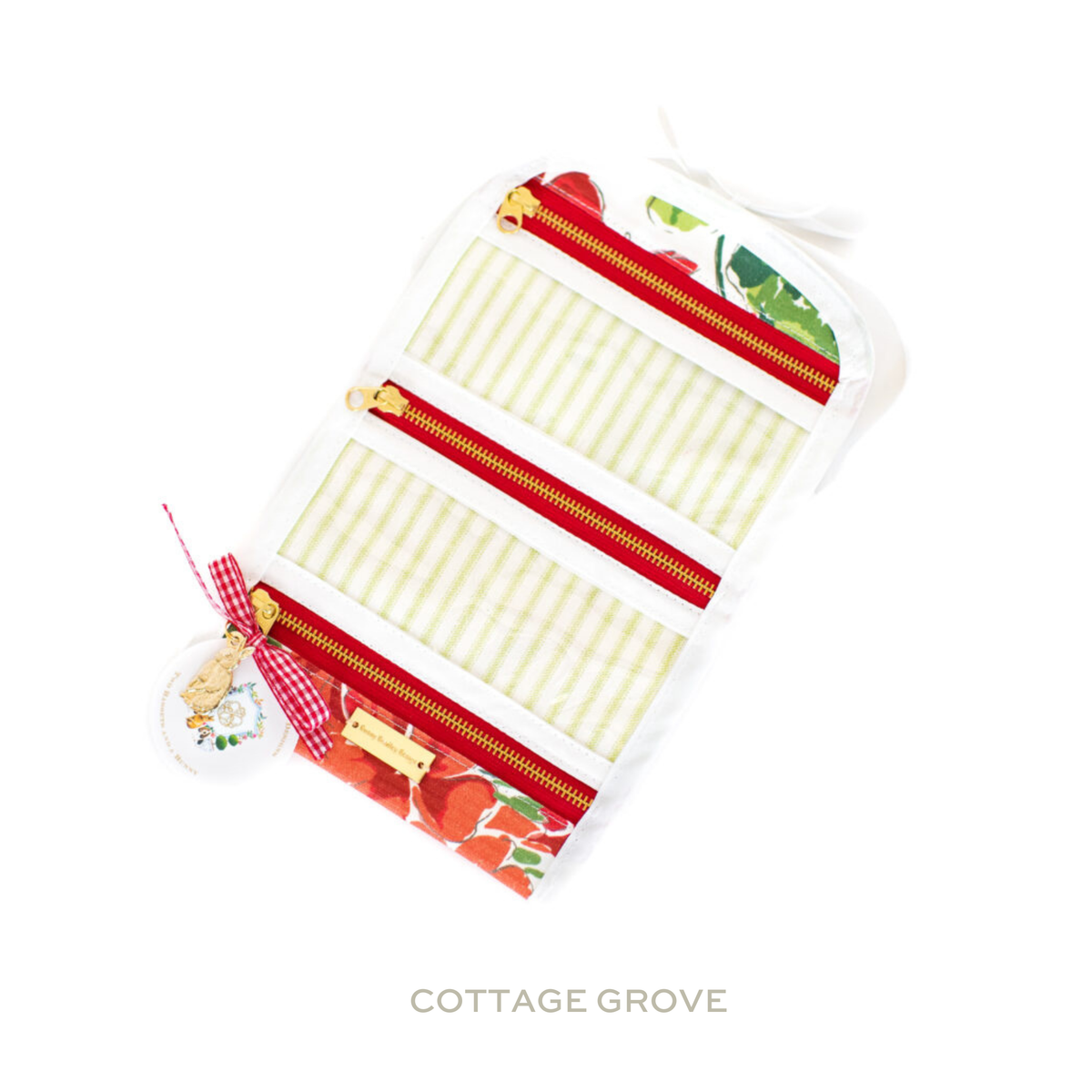 Jules Jewelry Roll: Pink Gingham with Red Zipper