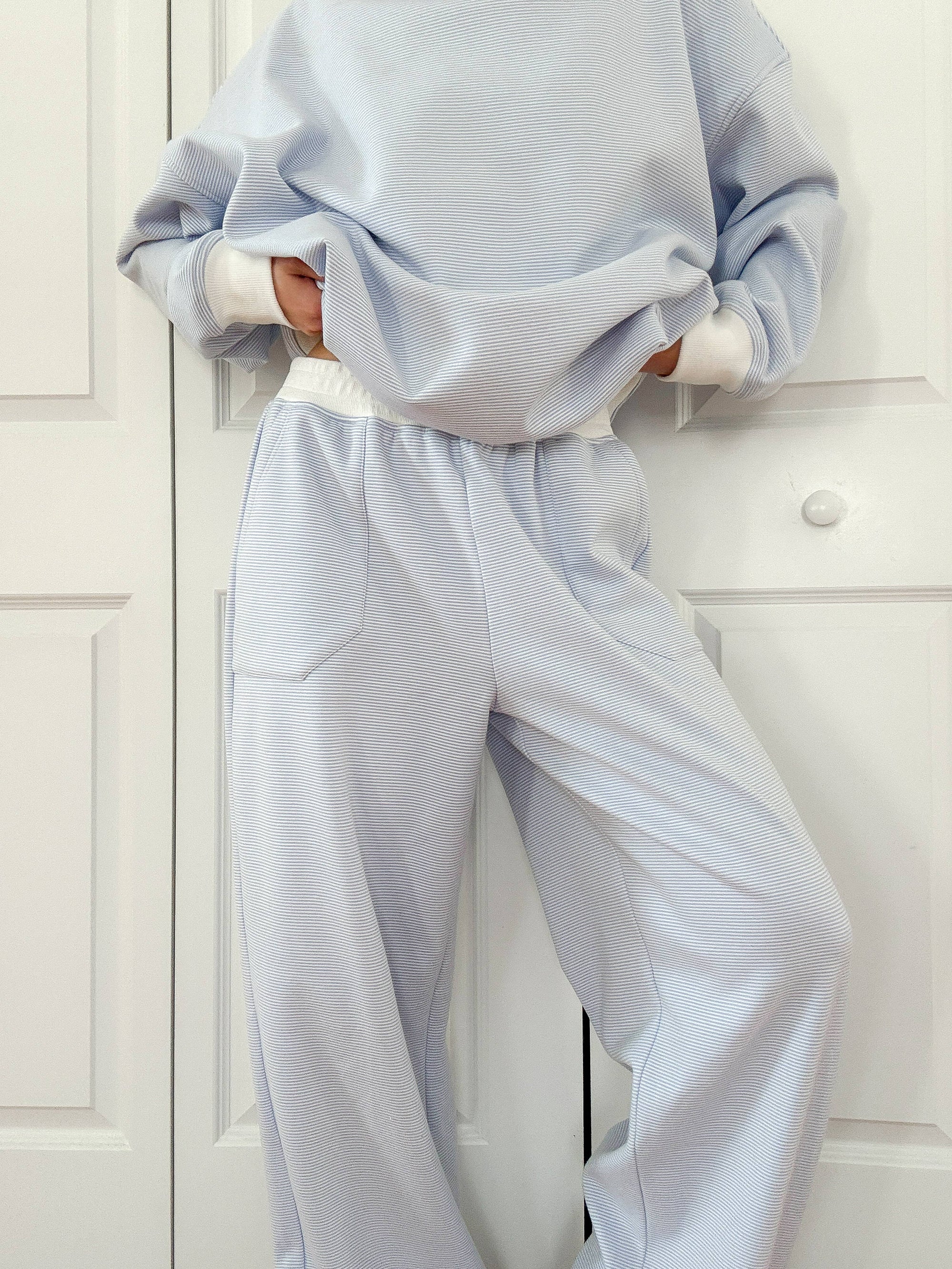 Blue and White Mini Striped Sweatpants: Blue/White Mini Stripes