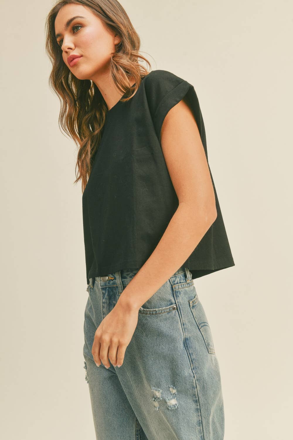 T2263 ROUND NECK CUFFED SLEEVE TOP: HEATHER GREY / S