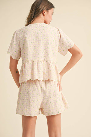 EMBROIDERED FLORAL GINGHAM TOP AND SHORTS SET