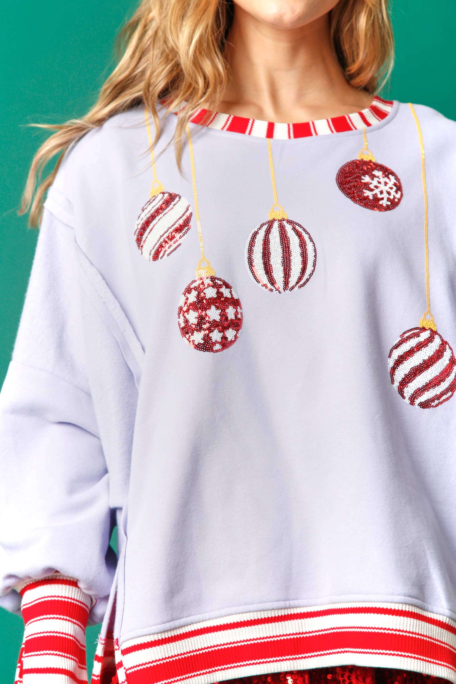 Sequin Christmas Ornament Contrast Sweatshirt: Lavender