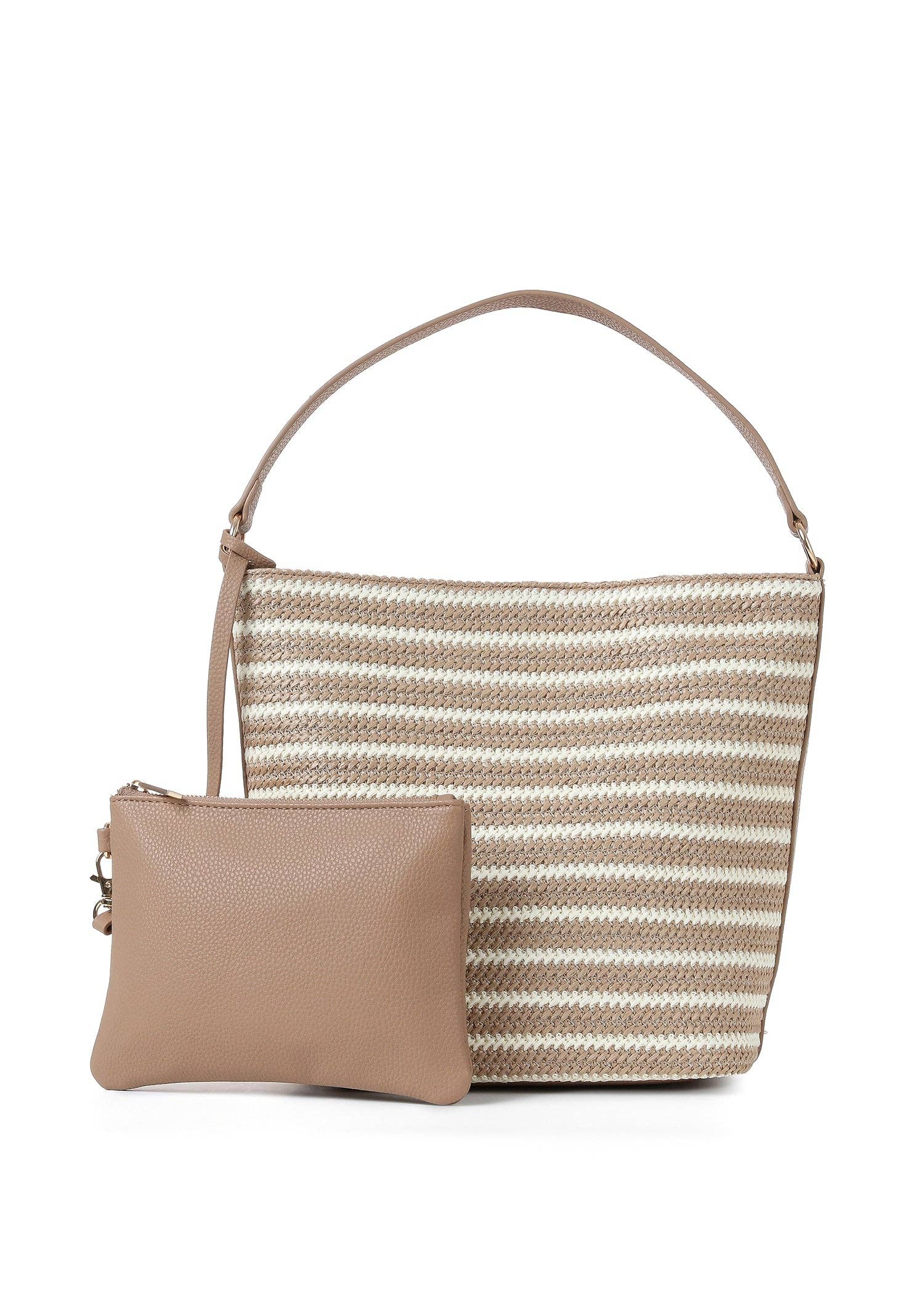 Raffia Shoulder Bag Beige and Tan Striped- Celine Capri
