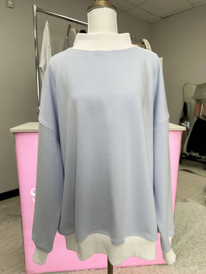 Blue and White Mini Striped Mockneck Sweatshirt: Blue/White Mini Stripes