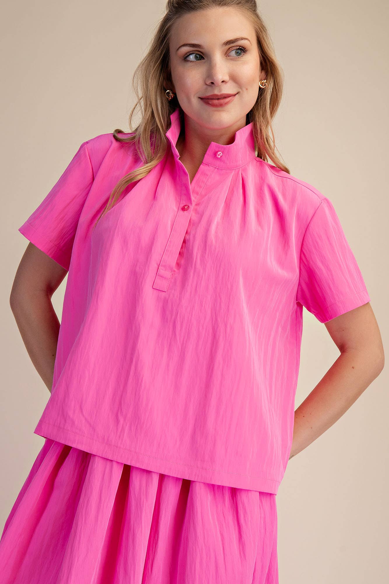 Stand Collar Short Sleeves Shirt: Pink
