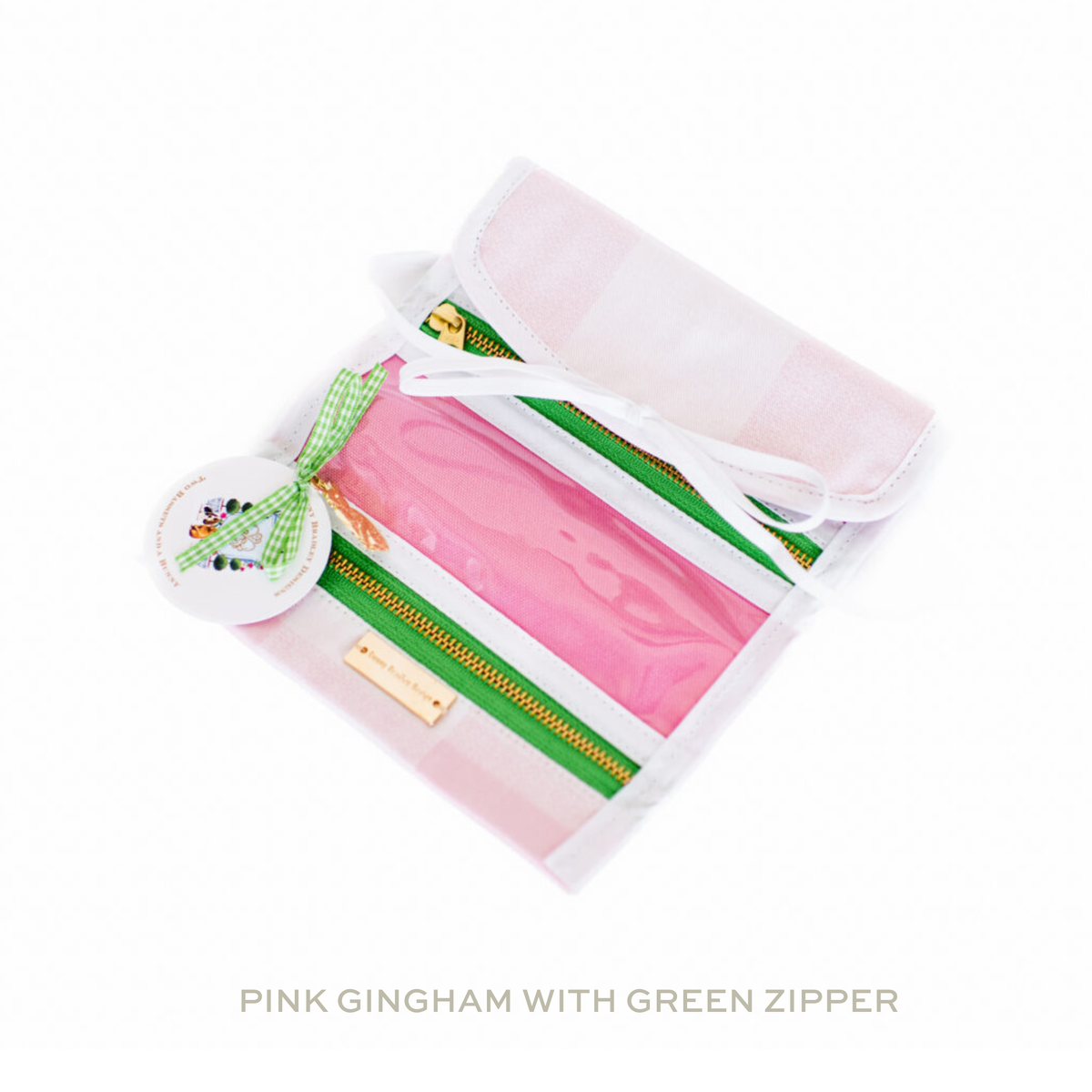 Jules Jewelry Roll: Pink Gingham with Red Zipper