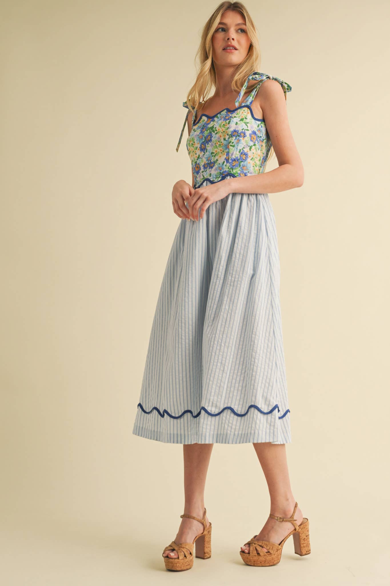 SCALLOPED MIXED PRINT MIDI DRESS