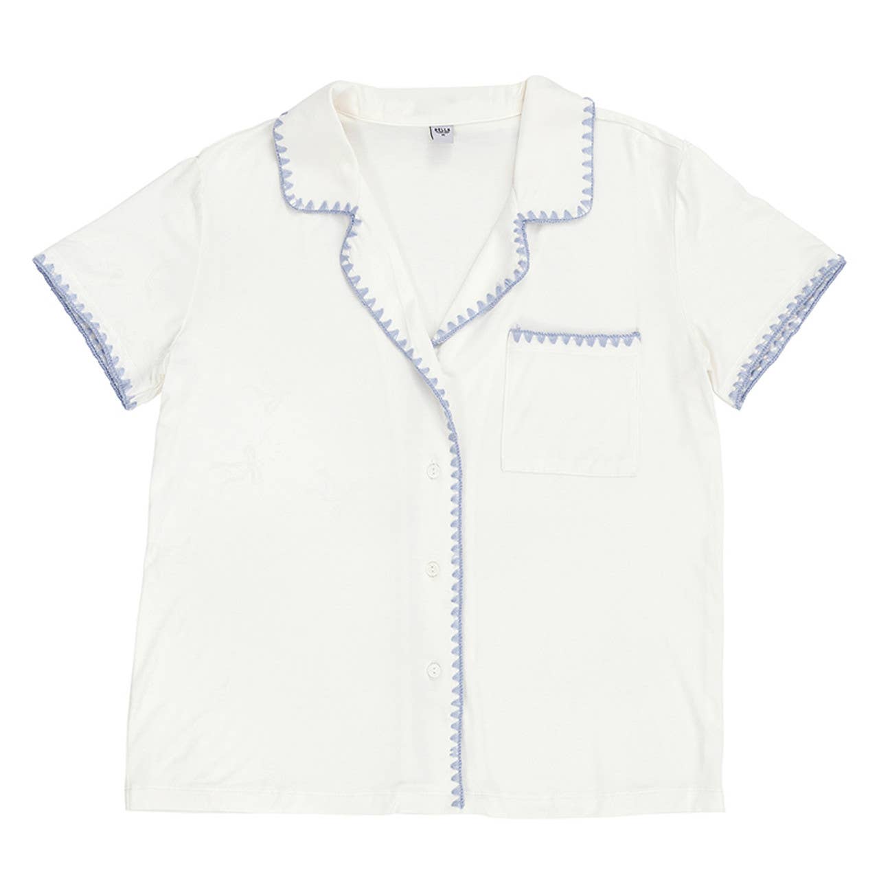 Short Bamboo PJ Set - White + Spa Blue Whip Stitch: 93% Bamboo/ 7% Spandex / Medium