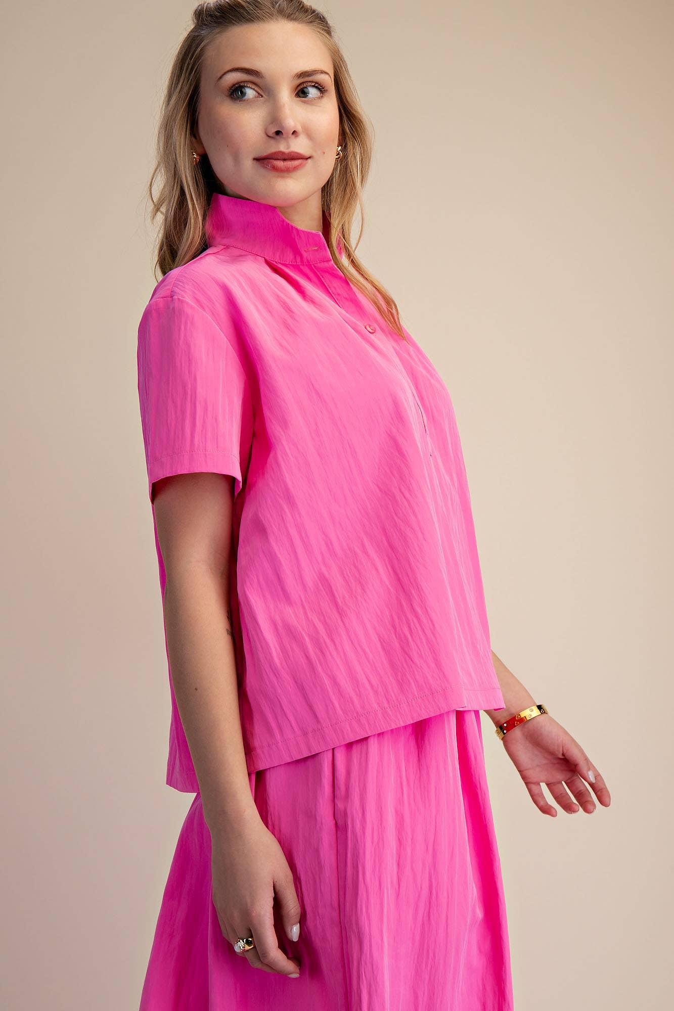 Stand Collar Short Sleeves Shirt: Pink