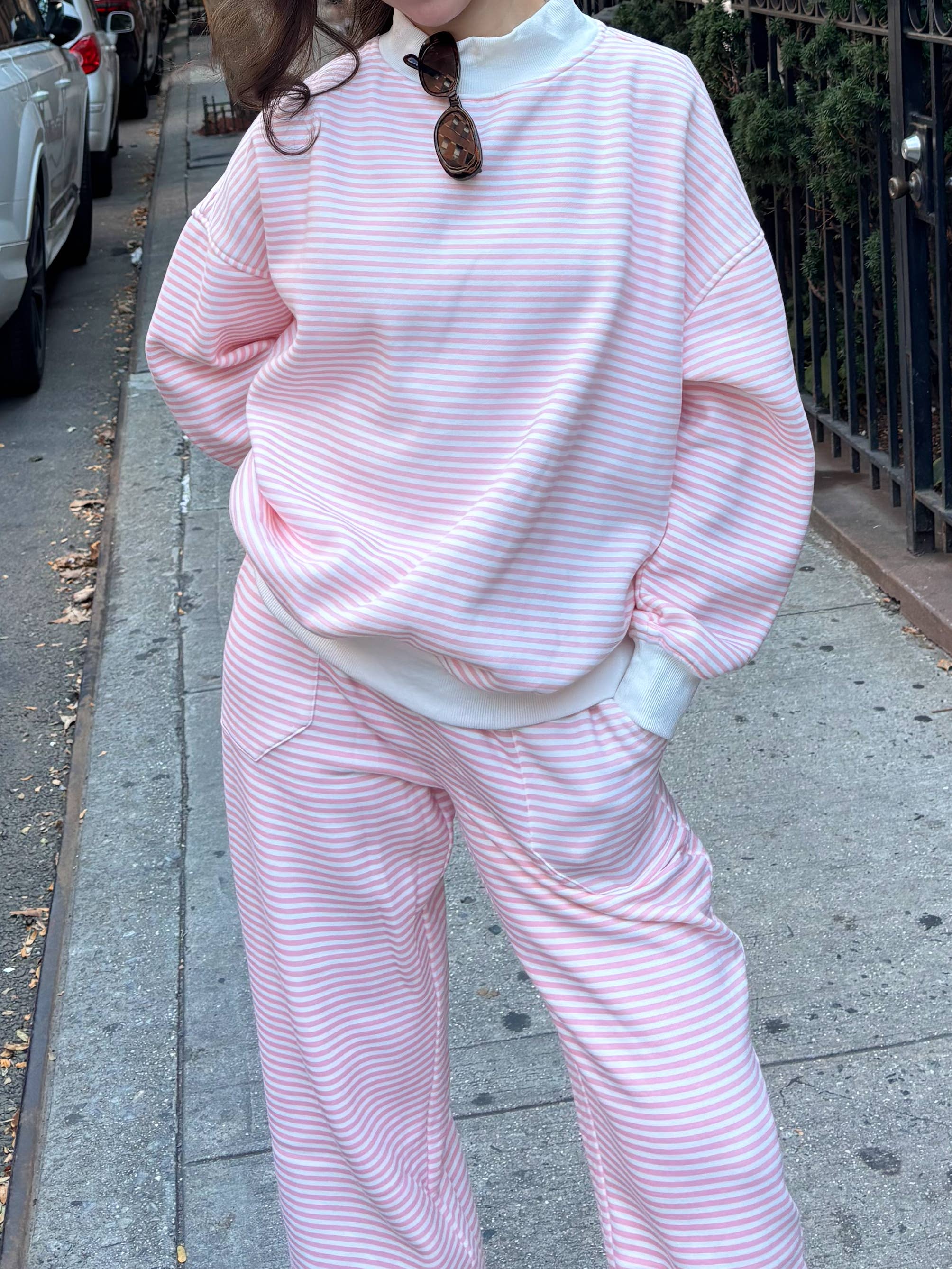 Light Pink and White Big Striped Mockneck Sweatshirt: Pink/White Big Stripes