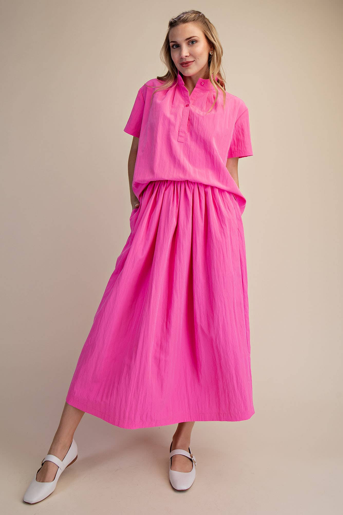 Stand Collar Short Sleeves Shirt: Pink