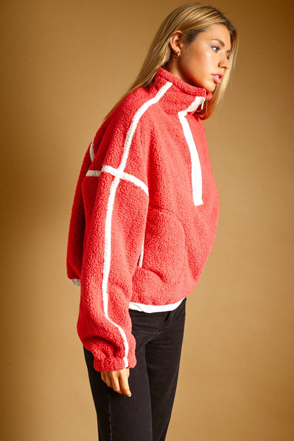 T7388   HALF ZIP UP SHERPA PULLOVER: CREAM / L