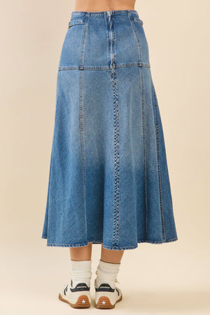 CS3812-High Waisted Paneled A Line Denim Midi Skirt: DENIM BLUE