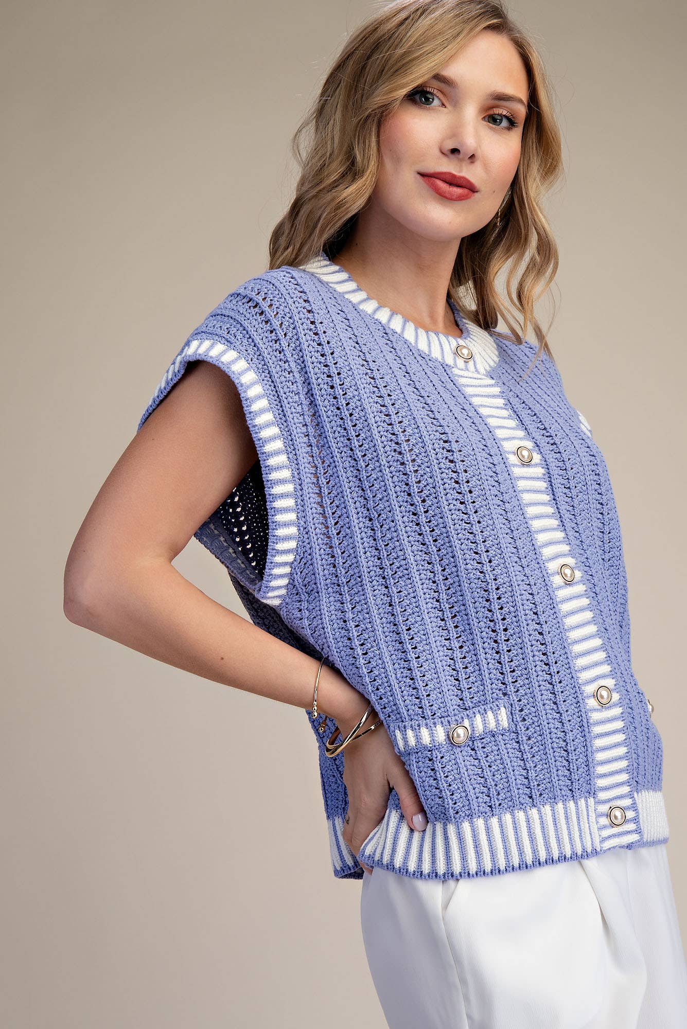 Round Neck Sleeveless Button Down Stripe Vest Sweater: Lavender