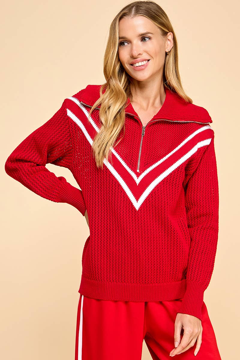 CW2560-Chevron Shaped Knit Sweater: Red / S