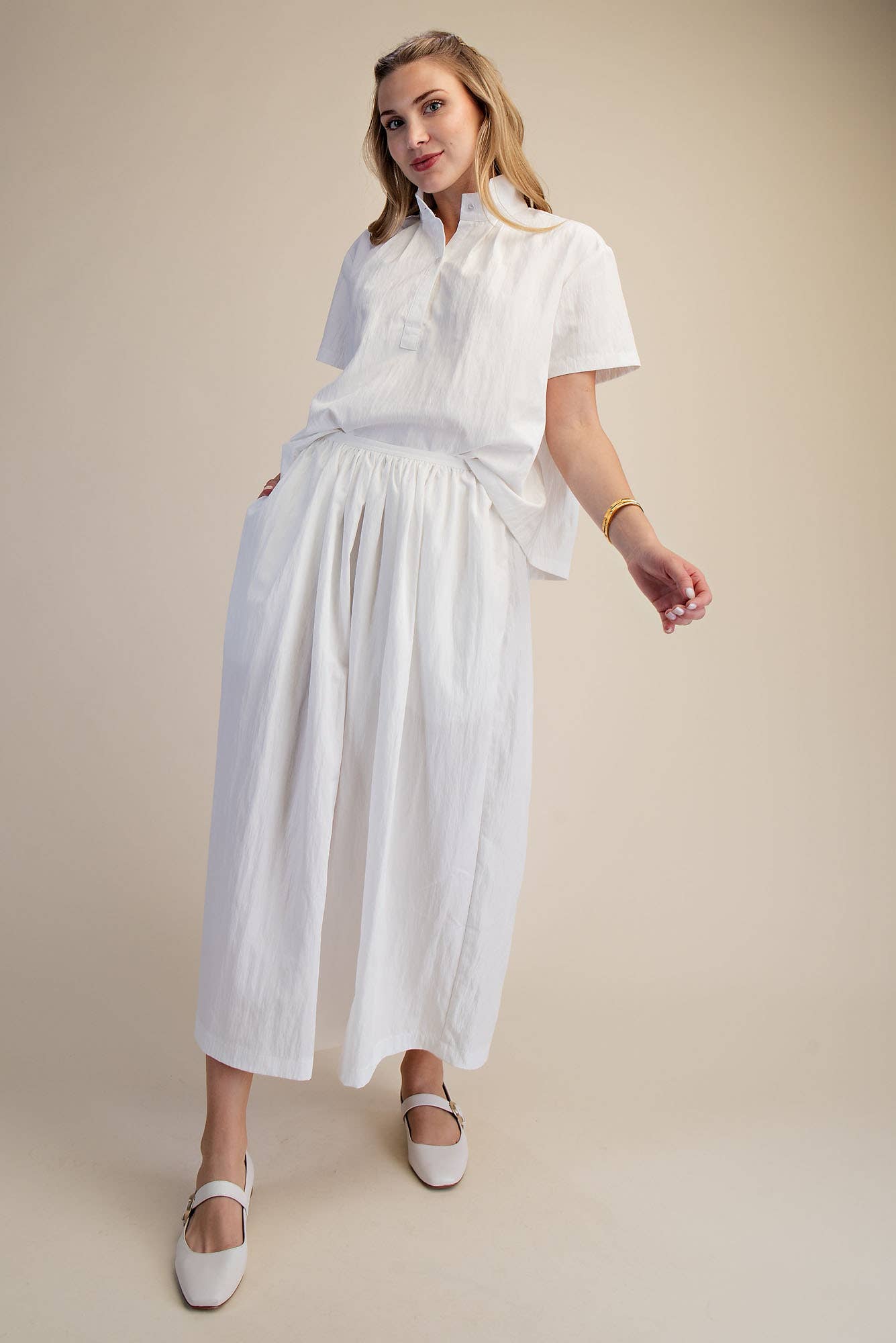 Stand Collar Short Sleeves Shirt: White