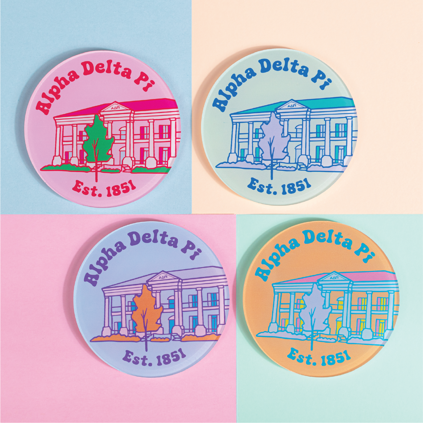 Sorority Acrylic Popart Coasters (Set of 4 - University of Alabama Houses)