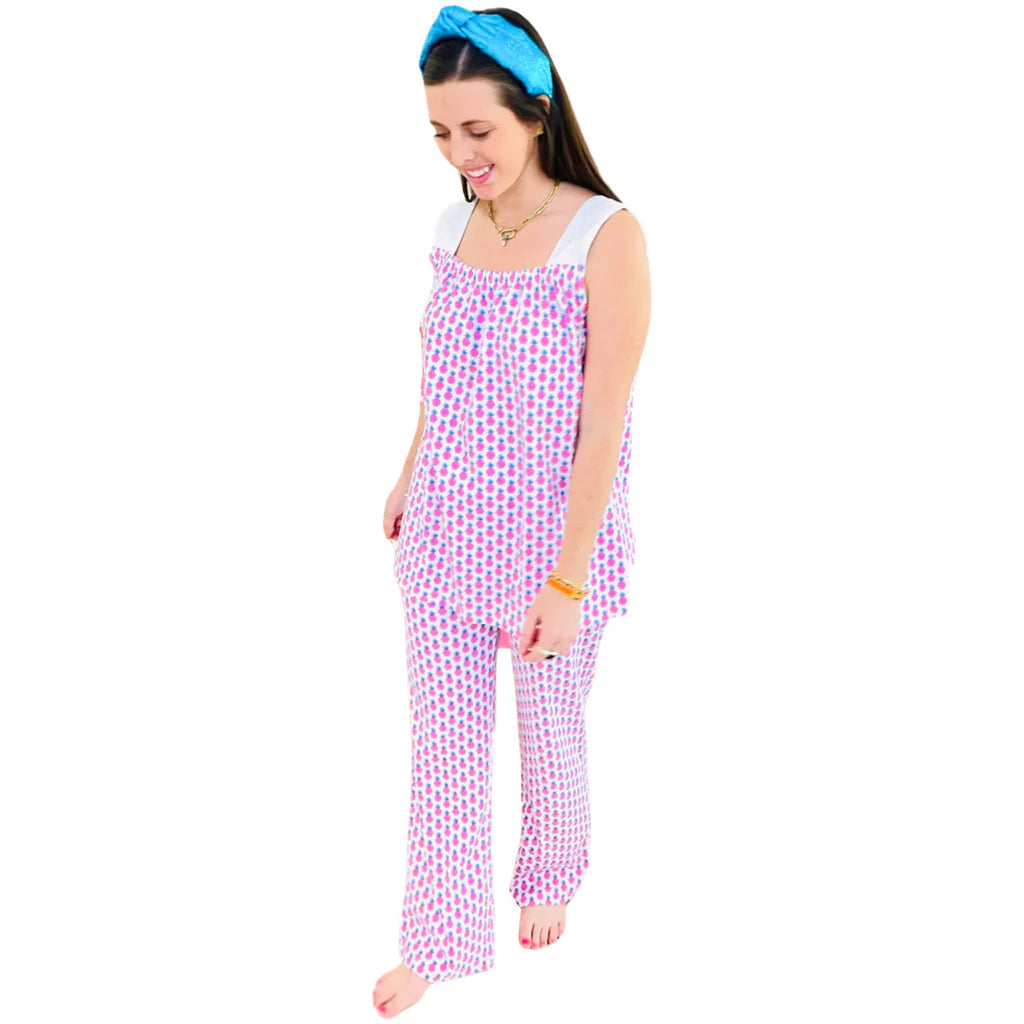 Pennie Women's Pima Cotton Pajama Pant Set - Pink Pineapple