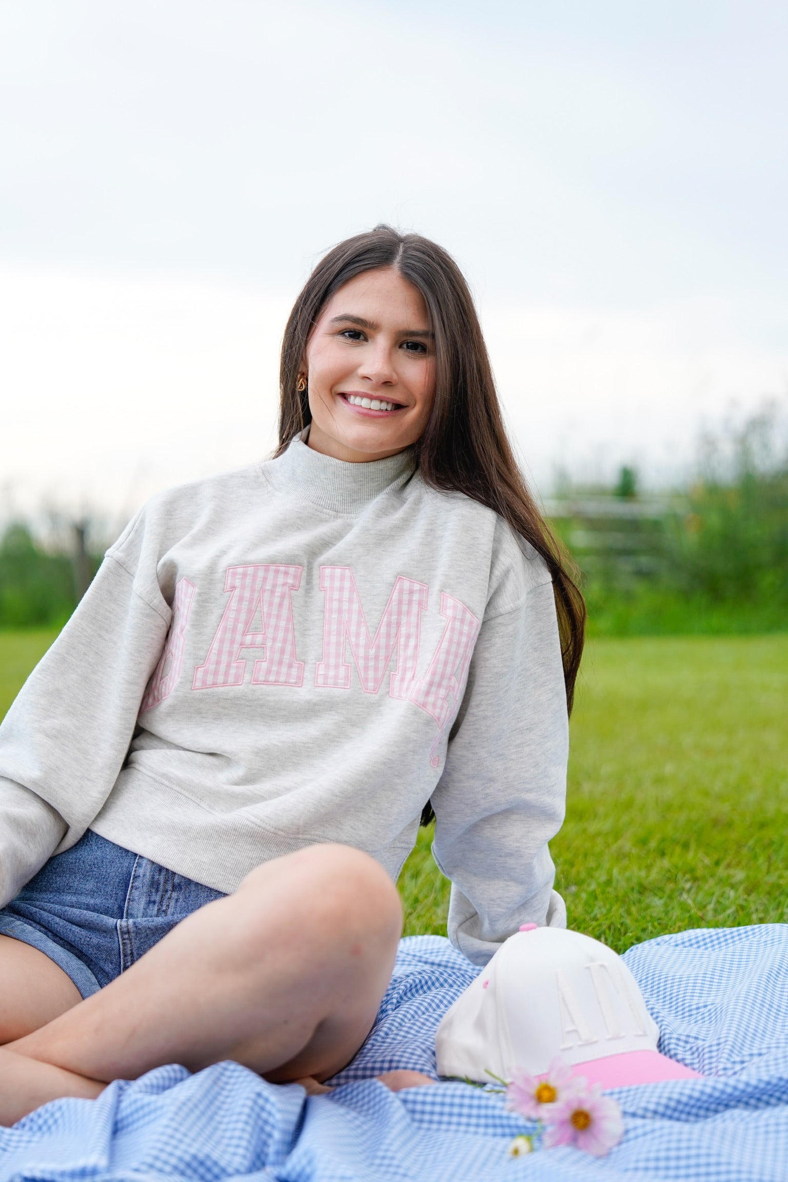 Pink Gingham Bama Twill Mockneck